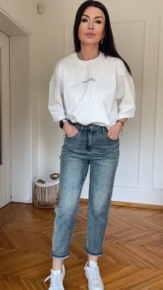Jeansy mom fit Lovelle logowane czerwień