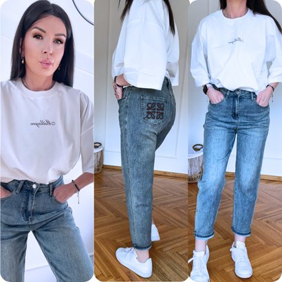 Jeansy mom fit Lovelle logowane czekolada