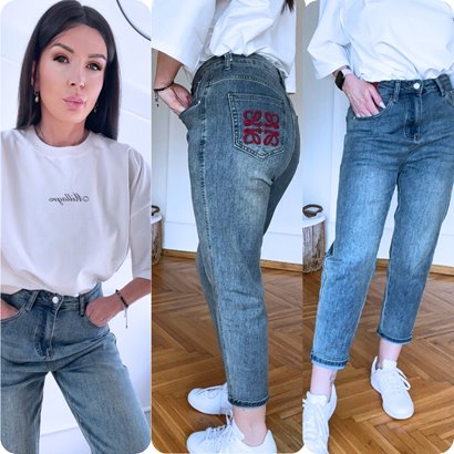 Jeansy mom fit Lovelle logowane czerwień